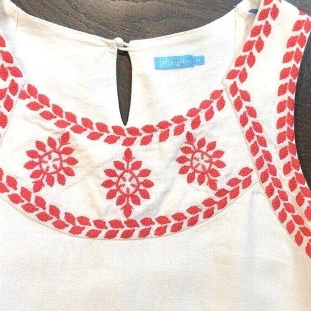 J. McLaughlin White Linen Embroidered Shift Dress Red  M Resort Preppy Hamptons - Picture 5 of 6